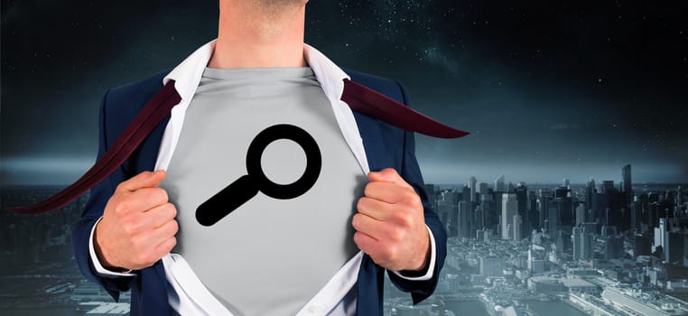 Businessman opening shirt in superhero style against balcony overlooking city