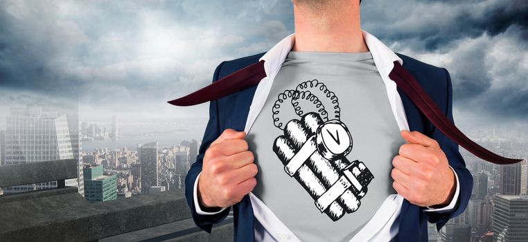 Businessman opening shirt in superhero style against balcony overlooking city