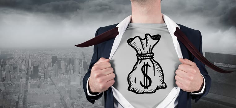 Composite image of businessman opening shirt in superhero style against gloomy city