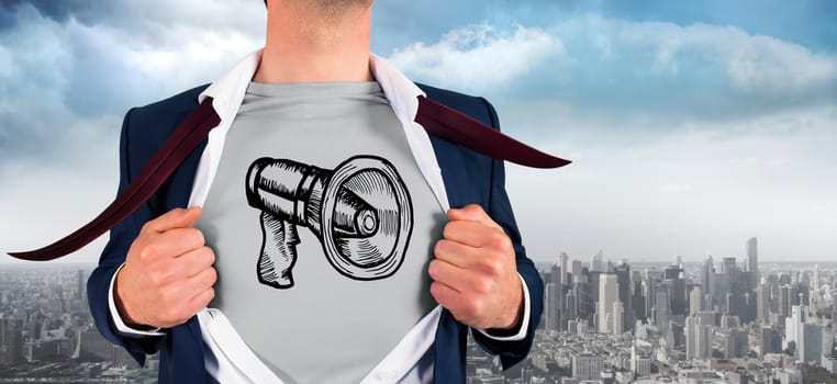 Businessman opening shirt in superhero style against balcony overlooking city