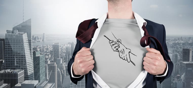 Composite image of businessman opening shirt in superhero style against cityscape