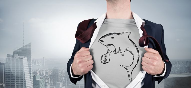 Businessman opening shirt in superhero style against misty cityscape