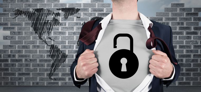 Businessman opening shirt in superhero style against world map doodle against wall