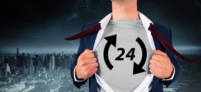 Businessman opening shirt in superhero style against balcony overlooking city