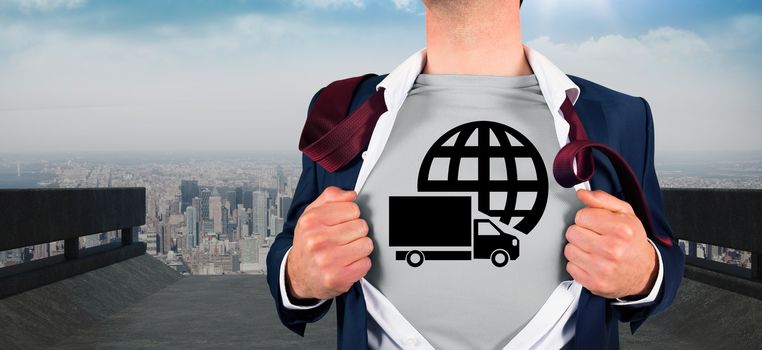 Businessman opening shirt in superhero style against road leading to city