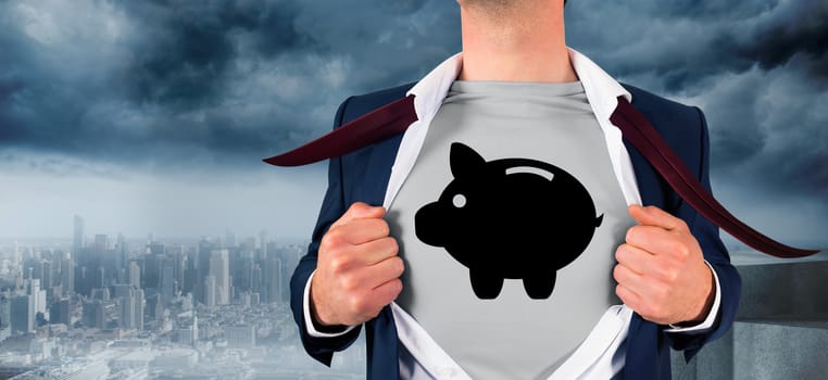 Businessman opening shirt in superhero style against coastline and city