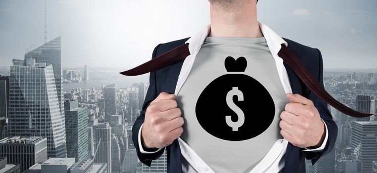 Composite image of businessman opening shirt in superhero style against cityscape