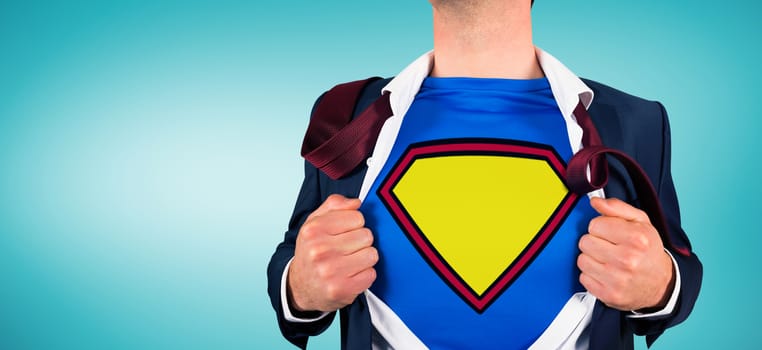 Businessman opening shirt in superhero style against blue vignette