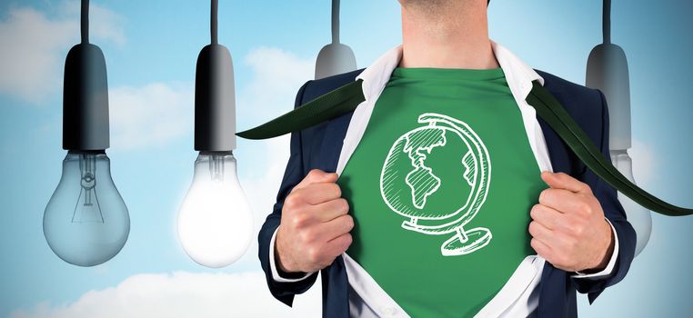 Businessman opening shirt in superhero style against five light bulbs in row