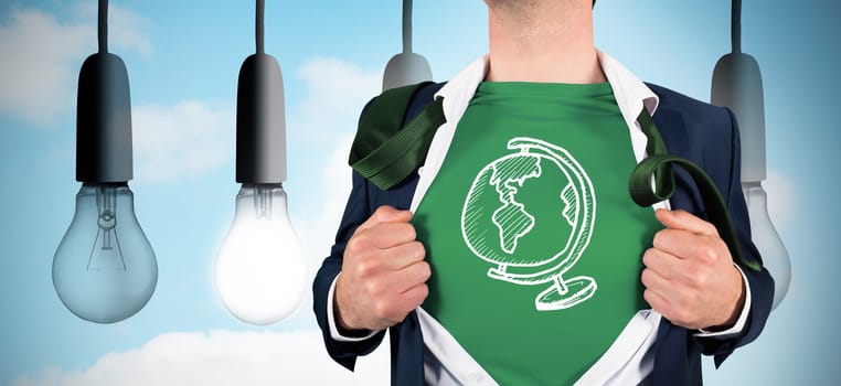 Businessman opening shirt in superhero style against five light bulbs in row