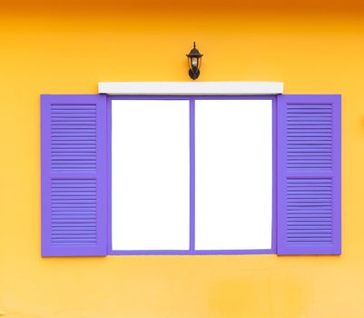 open blank window frame on wall with lamp, blue color