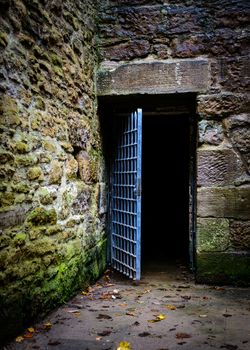 Opened prison door in an old castle