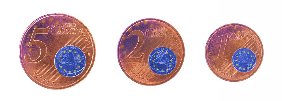 European union concept - 1, 2 and 5 eurocent, flag of the EU