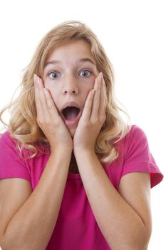 Portrait of girl who looks surprised over white background