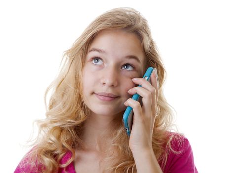 Girl is calling on mobile phone over white background