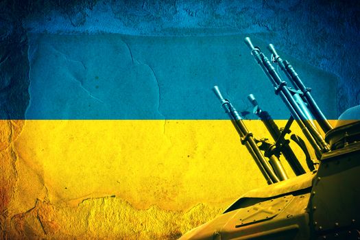 Weapons on the Dirty National flag of Ukraine Concept