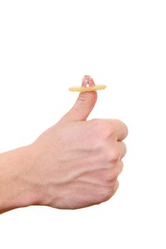 Condom on the Thumb shows OK Gesture closeup Isolated on the White