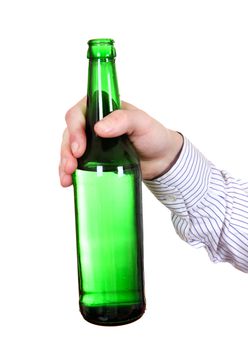 Person holding Beer Bottle Close-up on the White Background