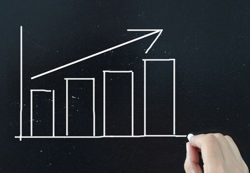 Business chart with an upward trend arrow drawn on a chalkboard 