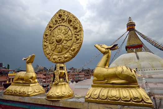 Golden brahma symbol in front of Boudha Nath (Bodhnath) stupa in kathmandu, Nepal