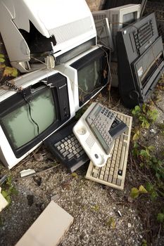 Old computer and scrap technology garbage