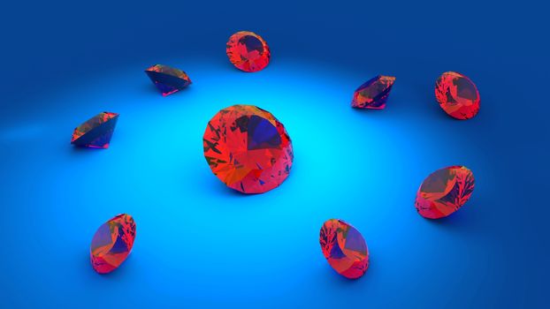 group of beautiful red gemstones on the blue background
