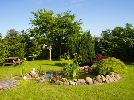 Beautiful classical garden fish pond surrounded by grass gardening background