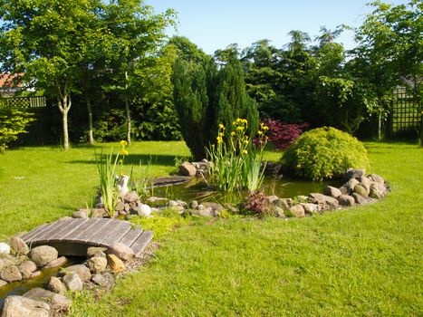 Beautiful classical garden fish pond surrounded by grass gardening background
