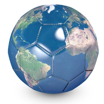 Concept of soccer ball with a printed world that shows nations.