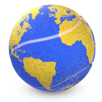 Concept of tennis ball with a printed world that shows nations.