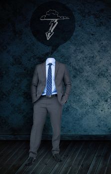 Composite image of headless businessman with lightning arrow against dark grimy room