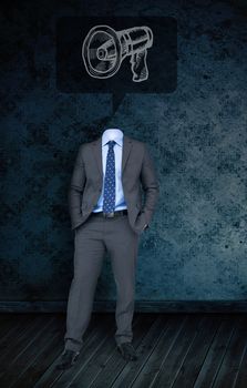 Composite image of headless businessman with megaphone doodle against dark grimy room