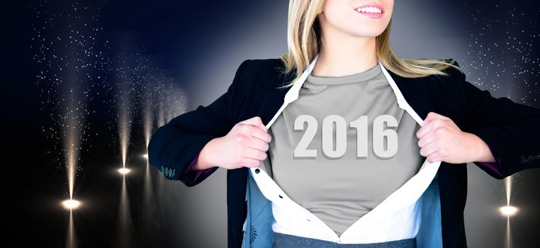 Businesswoman opening shirt in superhero style against cool nightlife lights