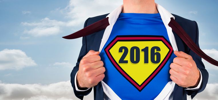 Composite image of businessman opening shirt in superhero style against bright sky