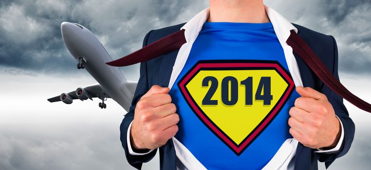 Businessman opening shirt in superhero style against 3d plane flying in the sky