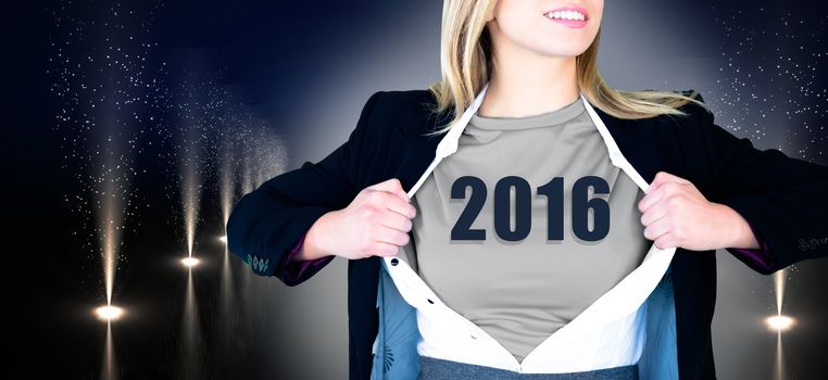 Businesswoman opening shirt in superhero style against cool nightlife lights