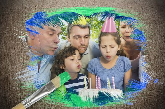 Composite image of family celebrating a birthday with paintbrush dipped in green against weathered surface 