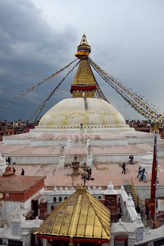 Rain coming at Bodhnath Stupa in Kathmandu, Nepal.
