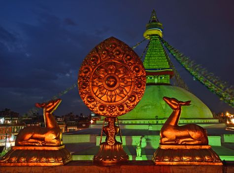 Golden brahma symbol in front of Boudha Nath (Bodhnath) stupa in kathmandu, Nepal