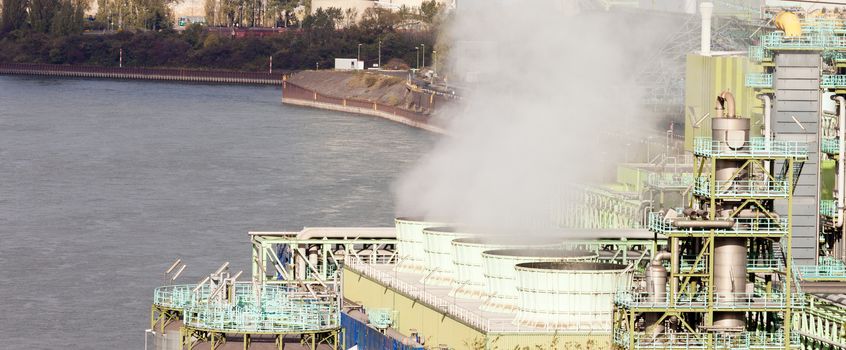 River shore cooling installation of coking plant factory facility in Duisburg, Ruhr area, Germany