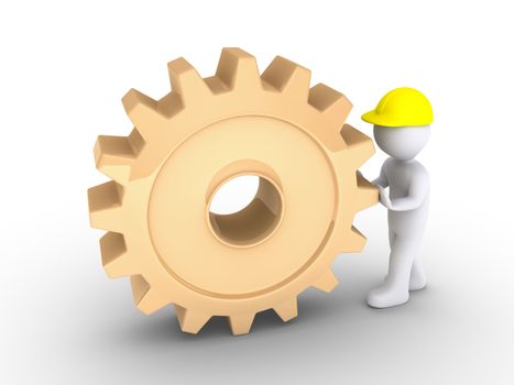 3d person as worker is pushing a big cogwheel