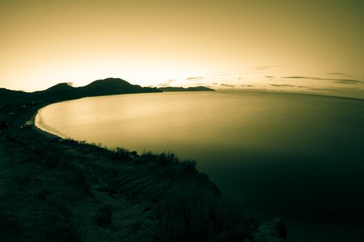 Night view of the sea bay. Toned.