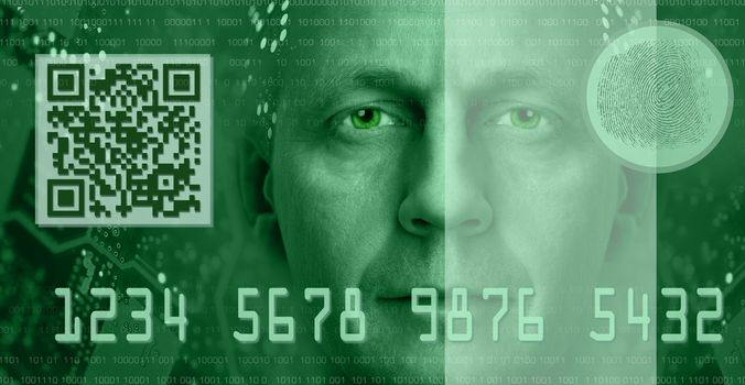 Conceptual composition depicting online electronic commerce and digital technology. Included are QR code, fingerprint scanner, man portrait. 