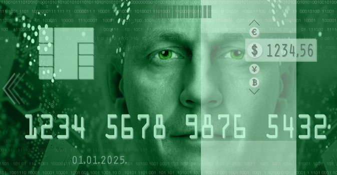 Conceptual composition depicting online electronic commerce and digital technology. Included are currency symbols, electronic chip, man portrait. Toned green.