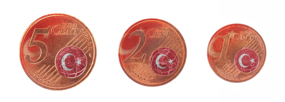 European union concept - 1, 2 and 5 eurocent, flag of Turkey