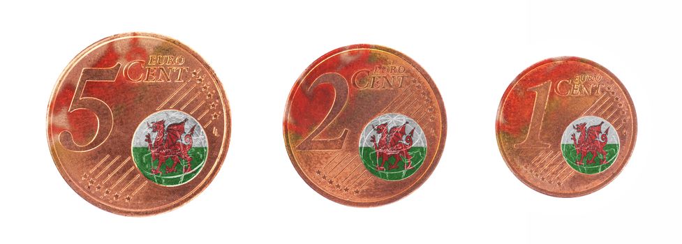 European union concept - 1, 2 and 5 eurocent, flag of Wales