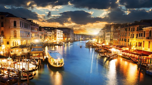 famous grand canale from Rialto Bridge at blue hour, Venice, Italy