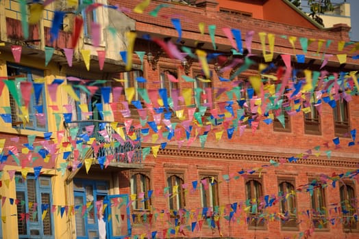 prayer flag around Boudhanath buddhist stupa in Kathmandu capital of Nepal