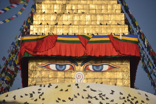 Close up of widsom eyes of Boudhanath Stupa with in Kathmandu, Nepal