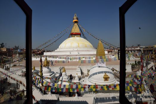 Boudhanath Stupa through the windows, Kathmandu valley, Nepal